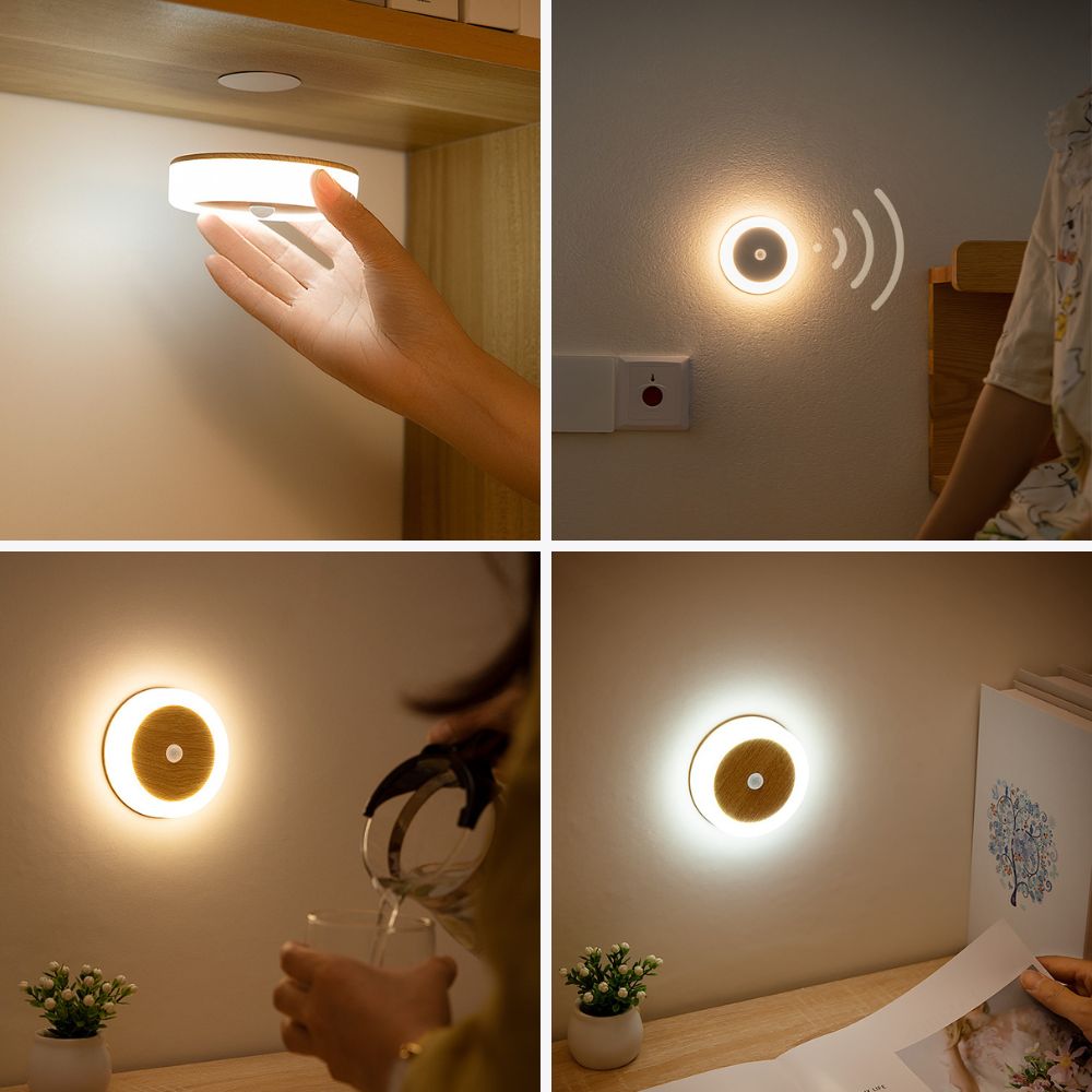 Wandlamp Rond Hout - Led - Sensor - Oplaadbaar - Draadloos
